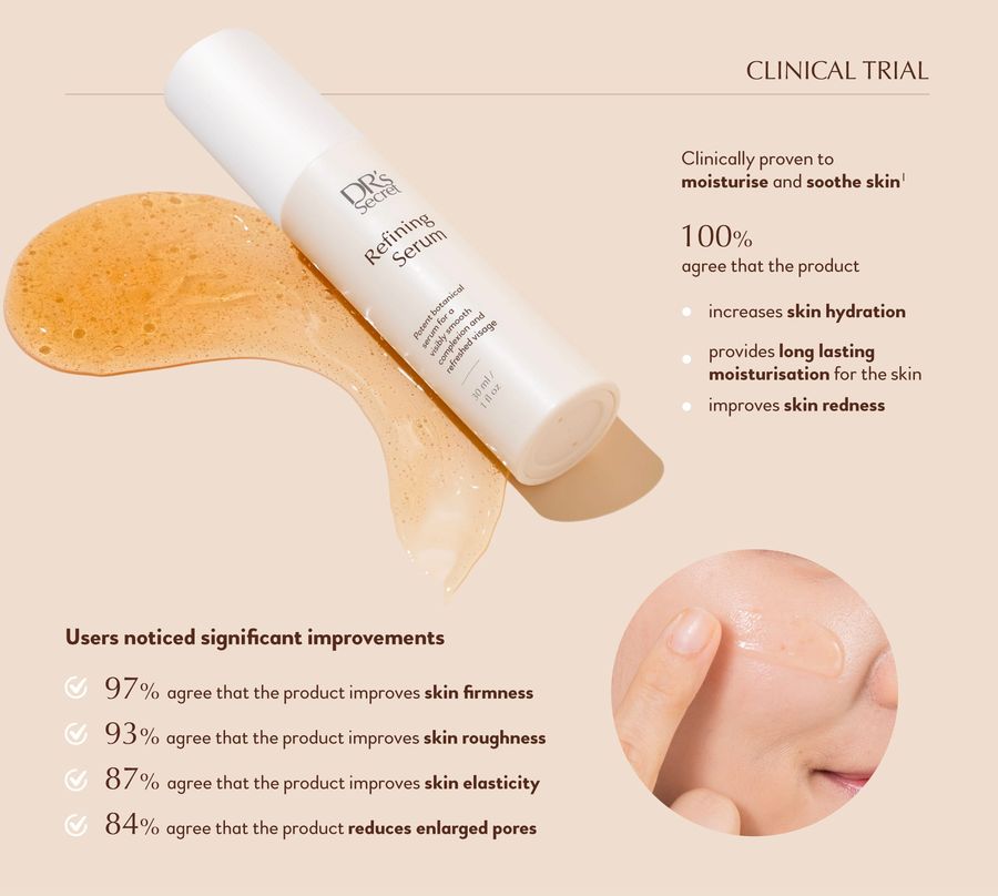 Clinical trial infographic showing percentage improvements in hydration, firmness, roughness, elasticity and pore reduction